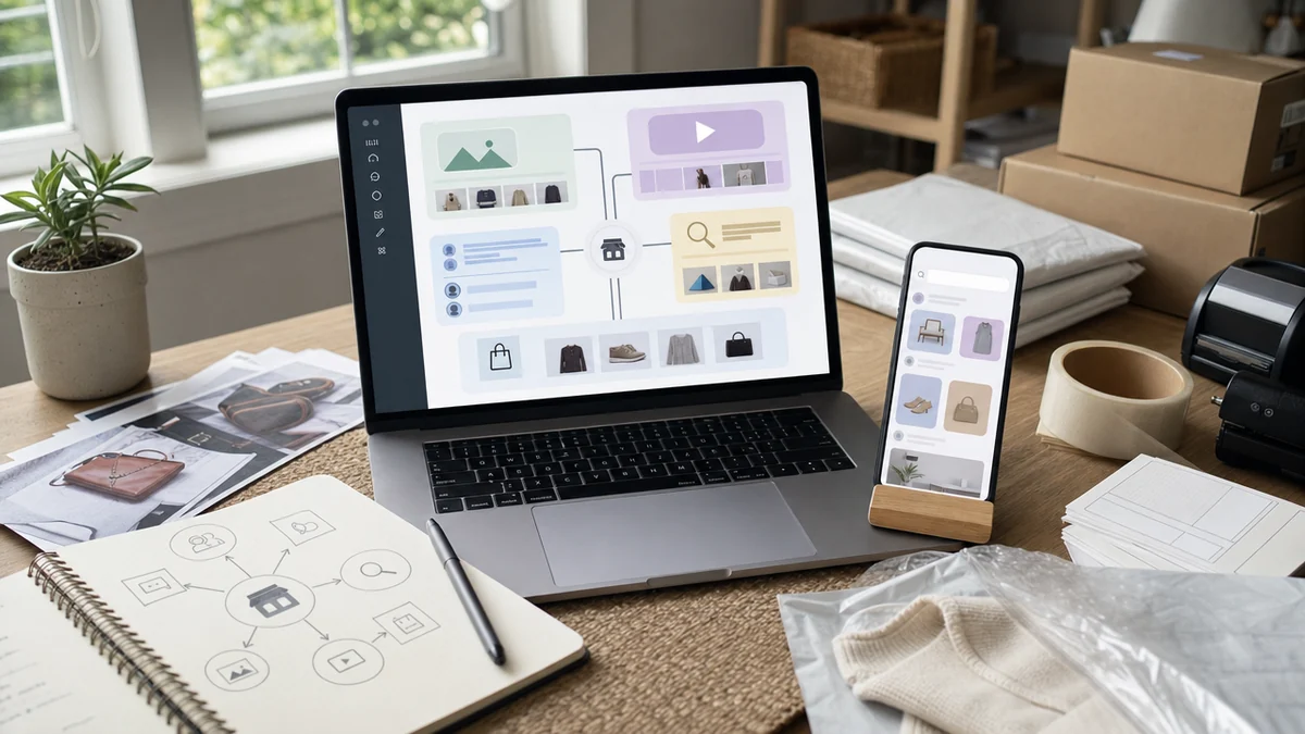 Reseller channel map with laptop, phone, notebook, product photos, and shipping supplies