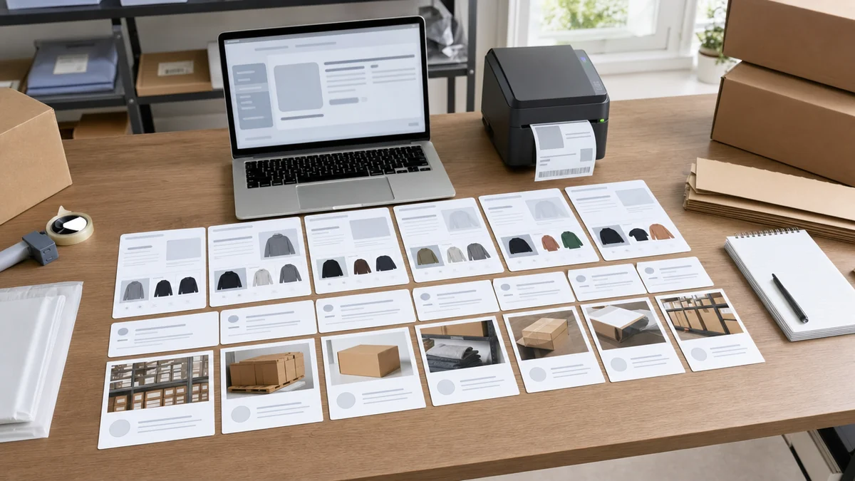 Citation-ready product cards, source cards, and reseller content blocks on a packing table