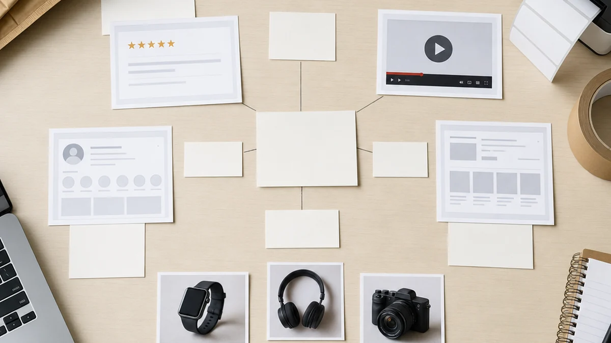 Overhead reseller desk with source cards, product photos, and mention map