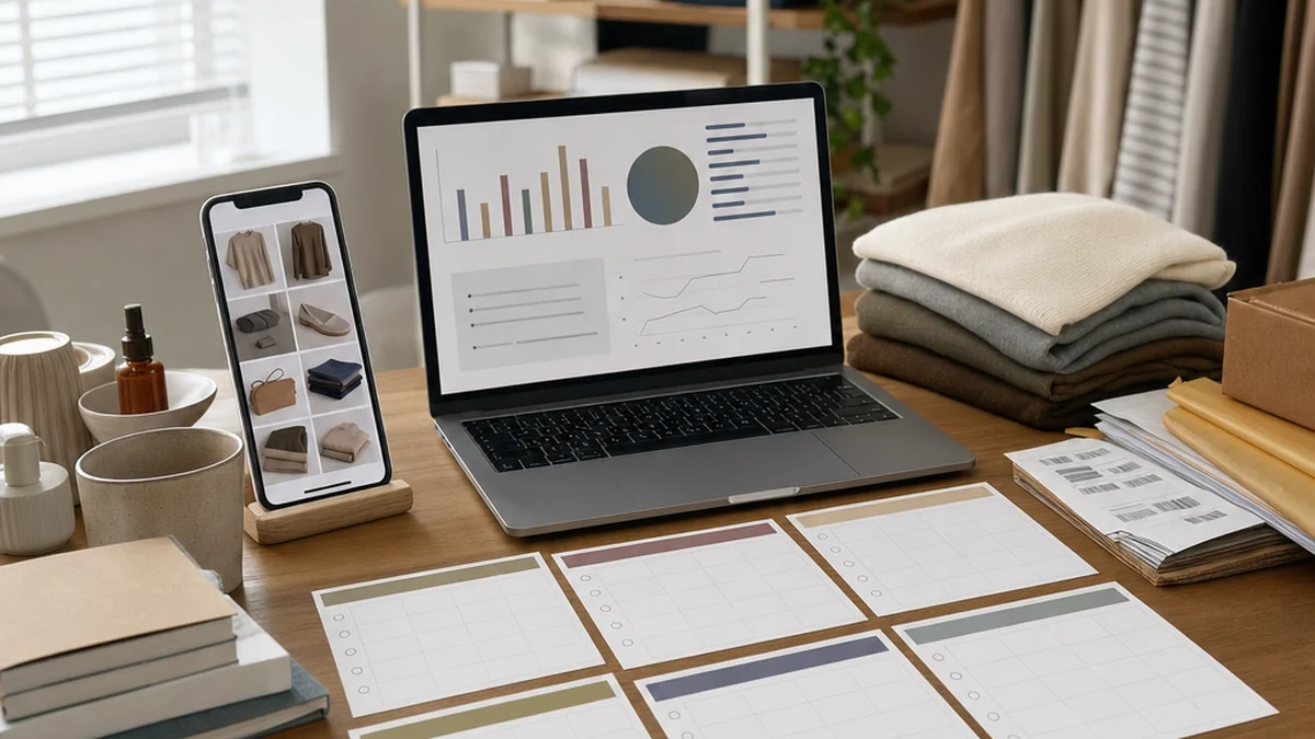 Weekly reseller content workflow with calendar cards, phone, laptop, and product photos