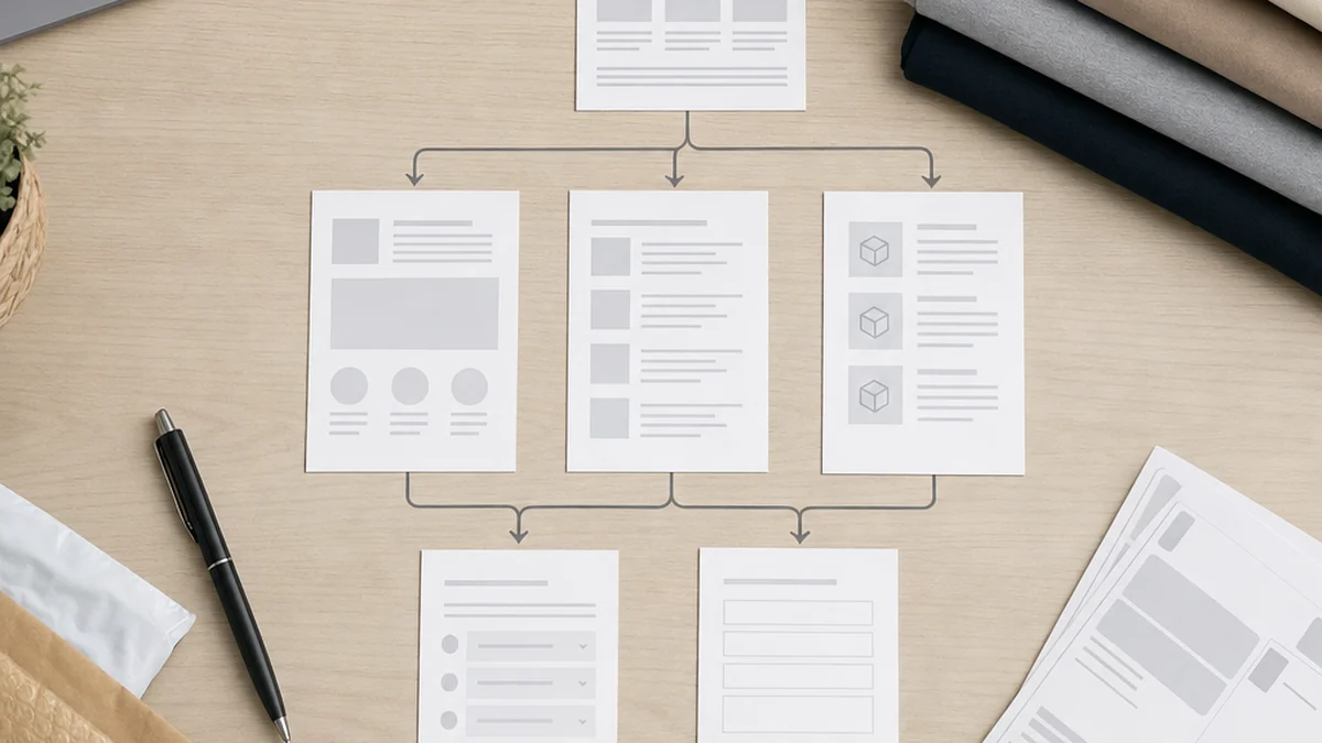 Overhead desk view with abstract content map cards for homepage, guides, FAQ, and contact