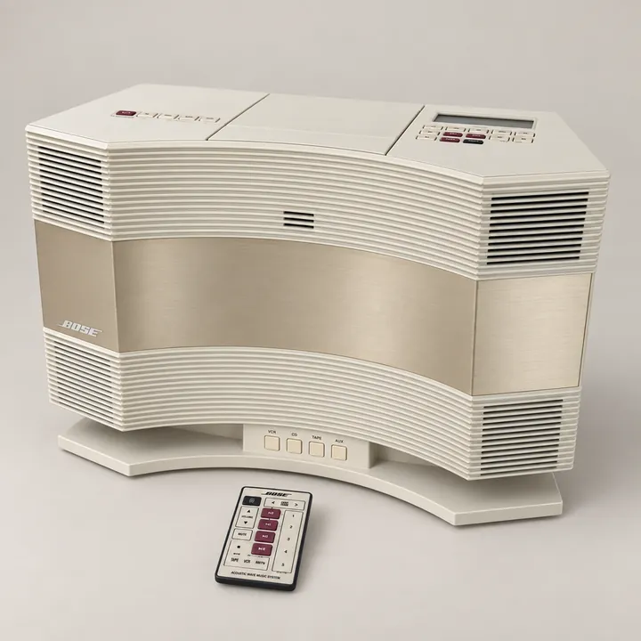 White Bose Acoustic Wave CD-3000 stereo on its pedestal with its remote