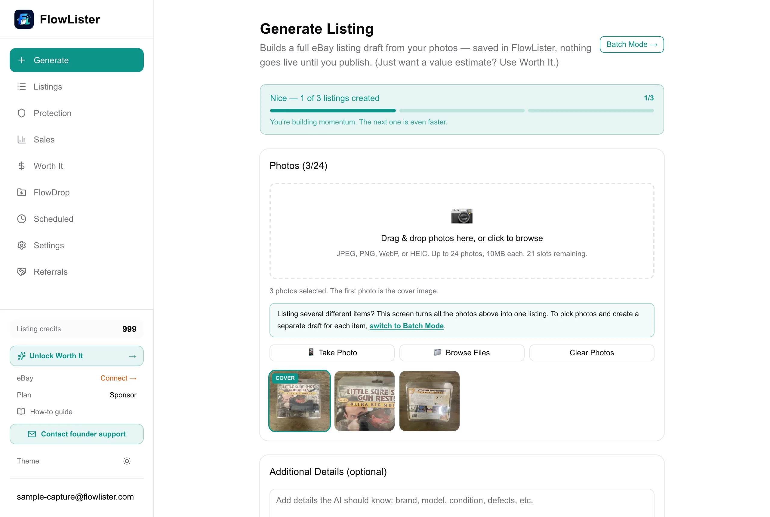 FlowLister generate page with item photos added and the Generate Listing button
