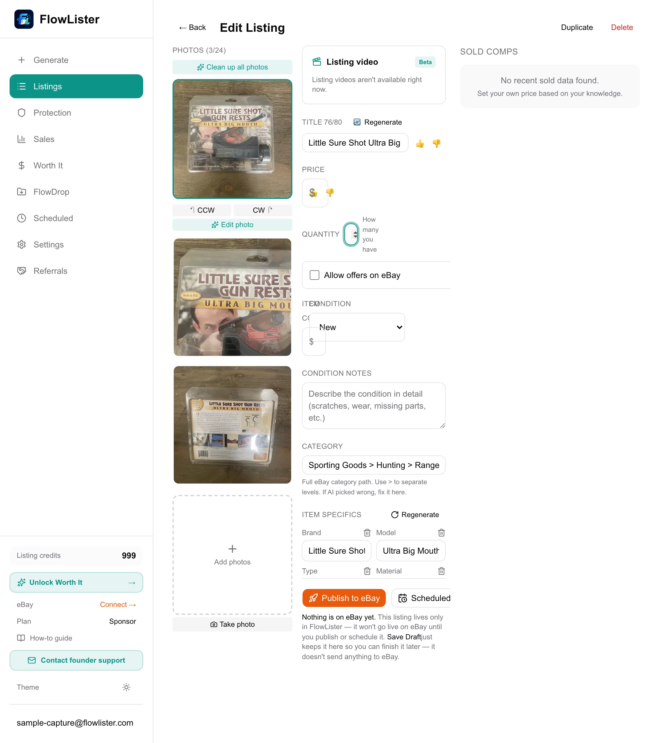 The full FlowLister editor for the sample item: AI title at 76 of 80 characters, item specifics with Brand and Model filled, category, condition, the honest 'No recent sold data found' comps panel, and the Publish to eBay controls with the nothing-is-on-eBay-yet note