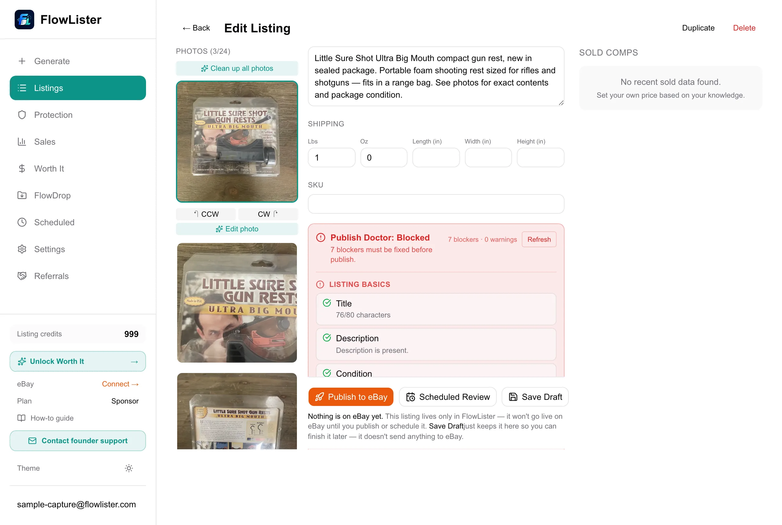 FlowLister publish controls showing draft status with Publish and Schedule options
