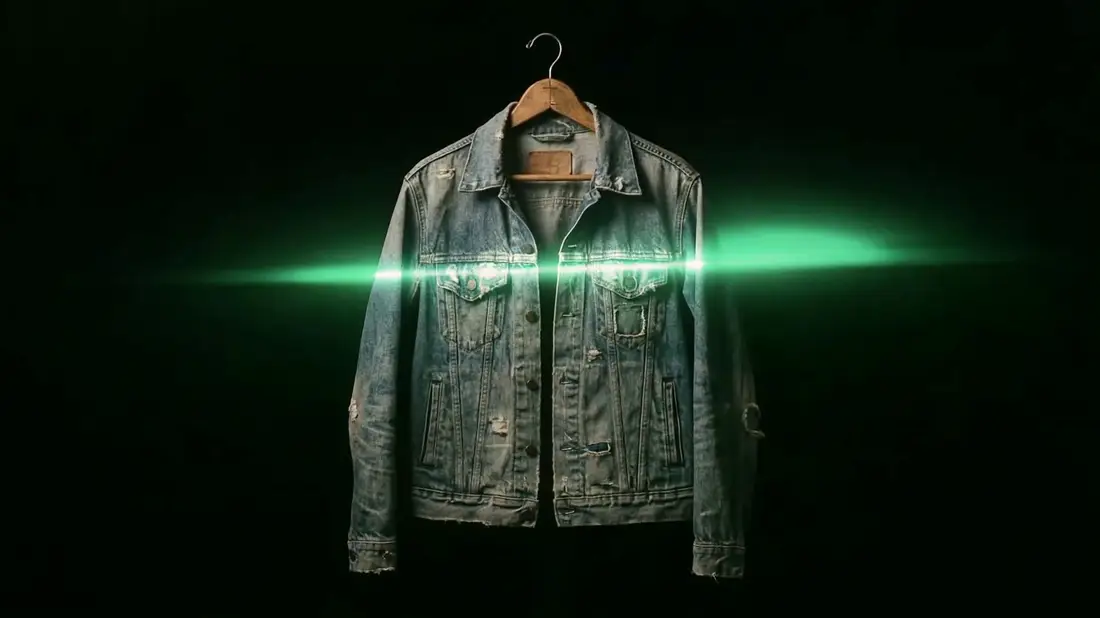 A denim jacket on a hanger with a band of light sweeping down it