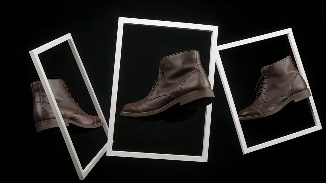 A pair of boots with three empty photo frames appearing around them in turn