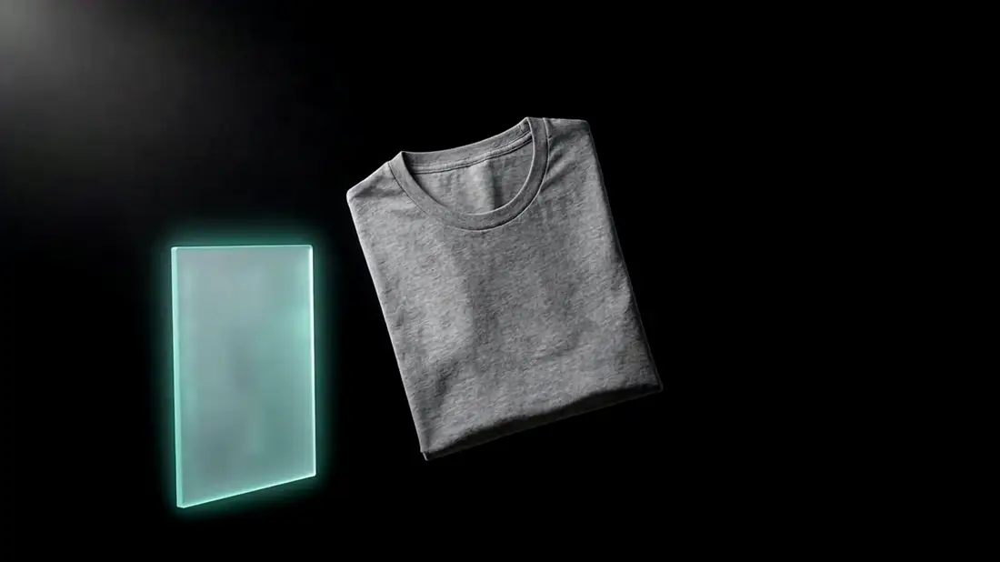 A folded shirt between two blank panels; one brightens as the other closes