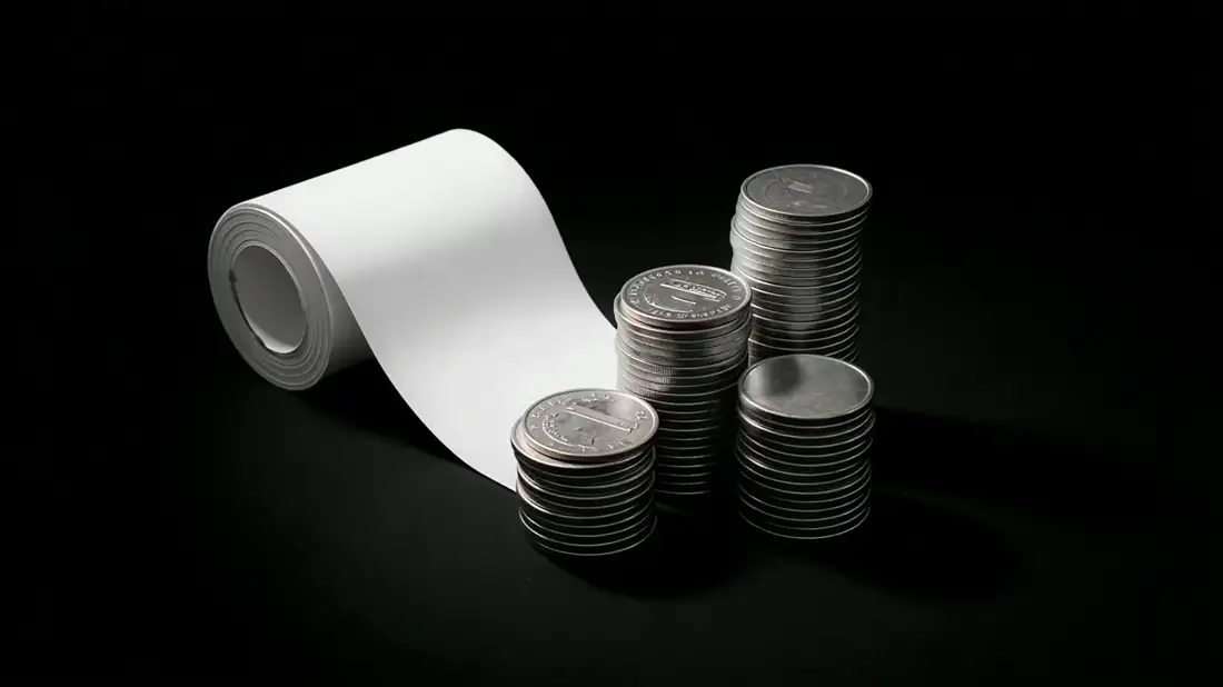 Stacks of plain coins beside a blank receipt unfurling