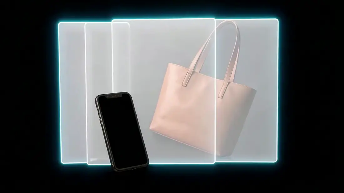 A phone photographing a handbag while blank panels rise out of the screen