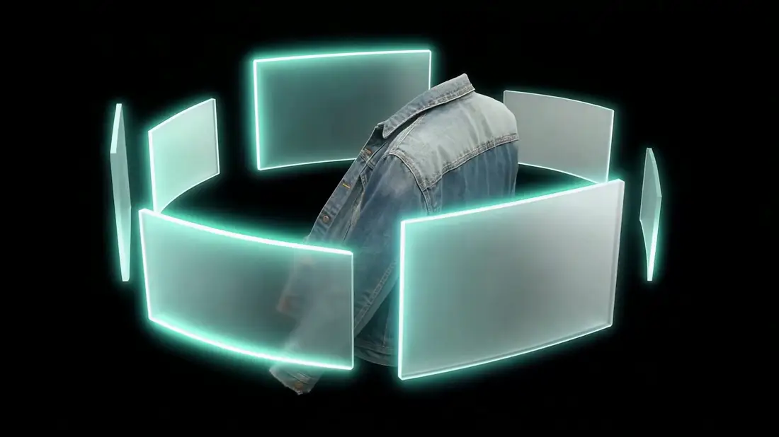 A vintage denim jacket with blank glass panels assembling in an arc around it