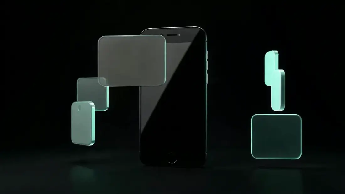 A phone surrounded by blank glass tiles turning slowly around it