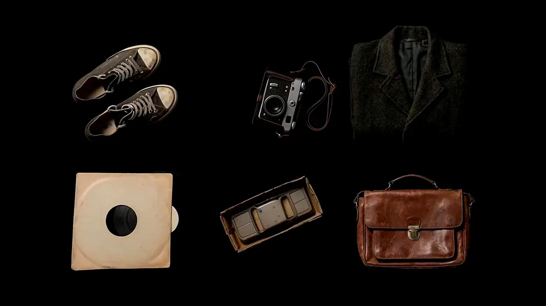 An overhead arrangement of second-hand goods turning slowly on a dark surface