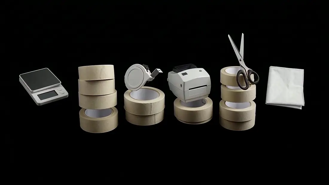 A postal scale, tape, a tape measure, a label printer and scissors floating apart against black
