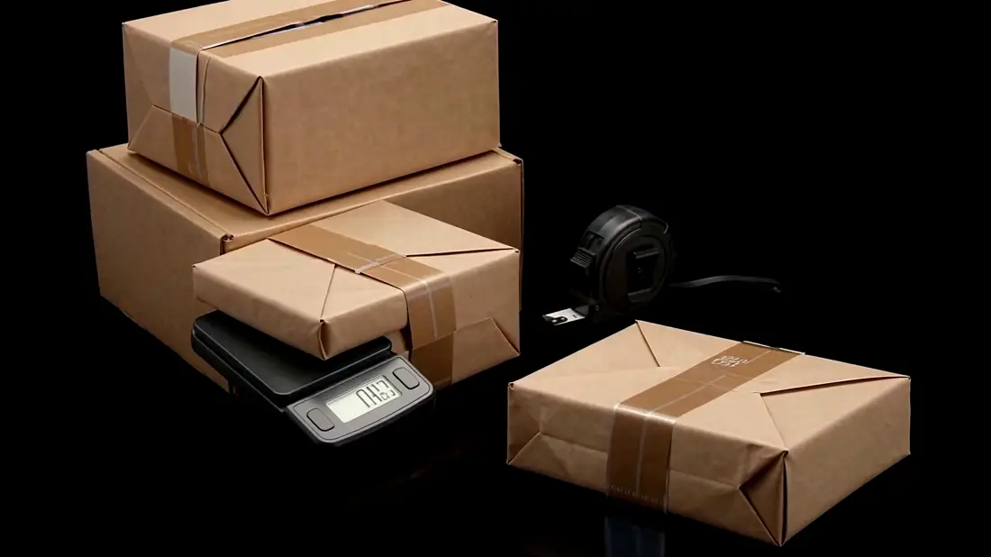A plain parcel settling onto a postal scale beside a tape measure
