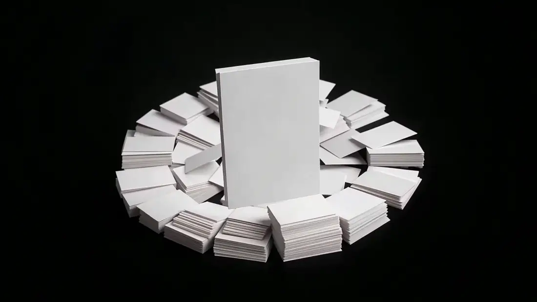 A cloud of blank cards converging into one stack with a single card rising clear