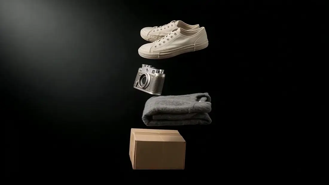 Second-hand shoes, a film camera, a flannel shirt and a boxed collectible turning in mid air