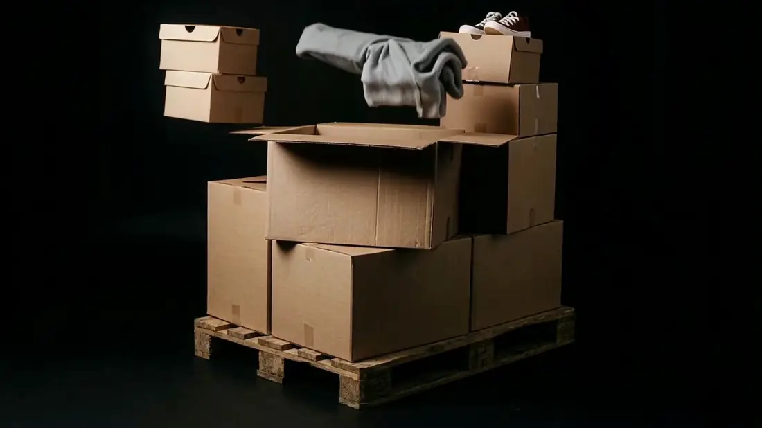 Cartons of wholesale inventory on a pallet, opening to show folded clothing and boxed goods
